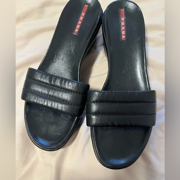 Vintage 90s Prada Black Napa Leather Easy Slide Platform Sandal SZ 38 - Picture 3 of 9